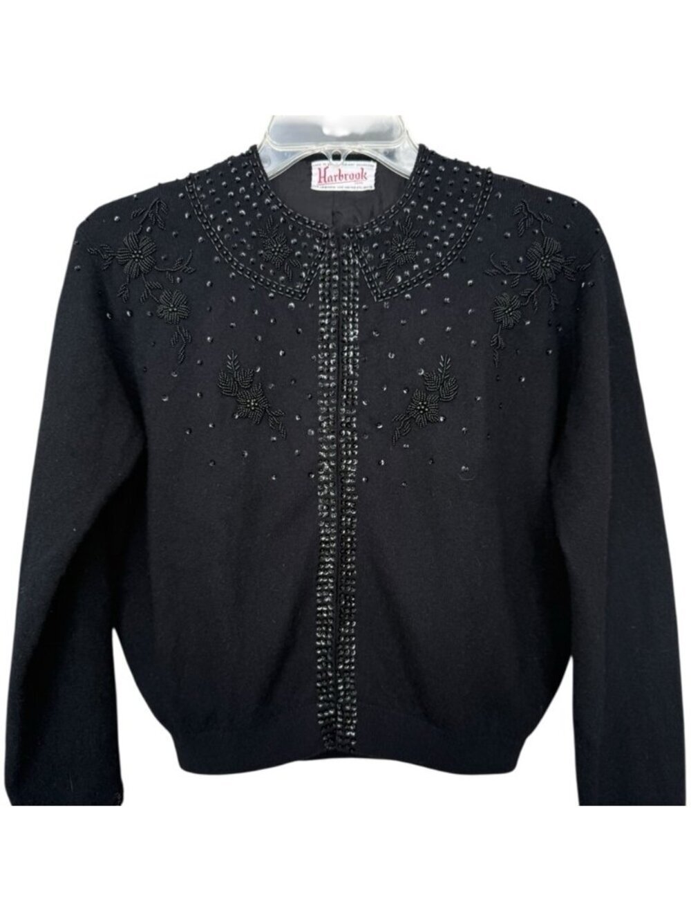 Vintage 60s Floral Beaded Wool Cardigan Sweater Size Small Black Harbrook